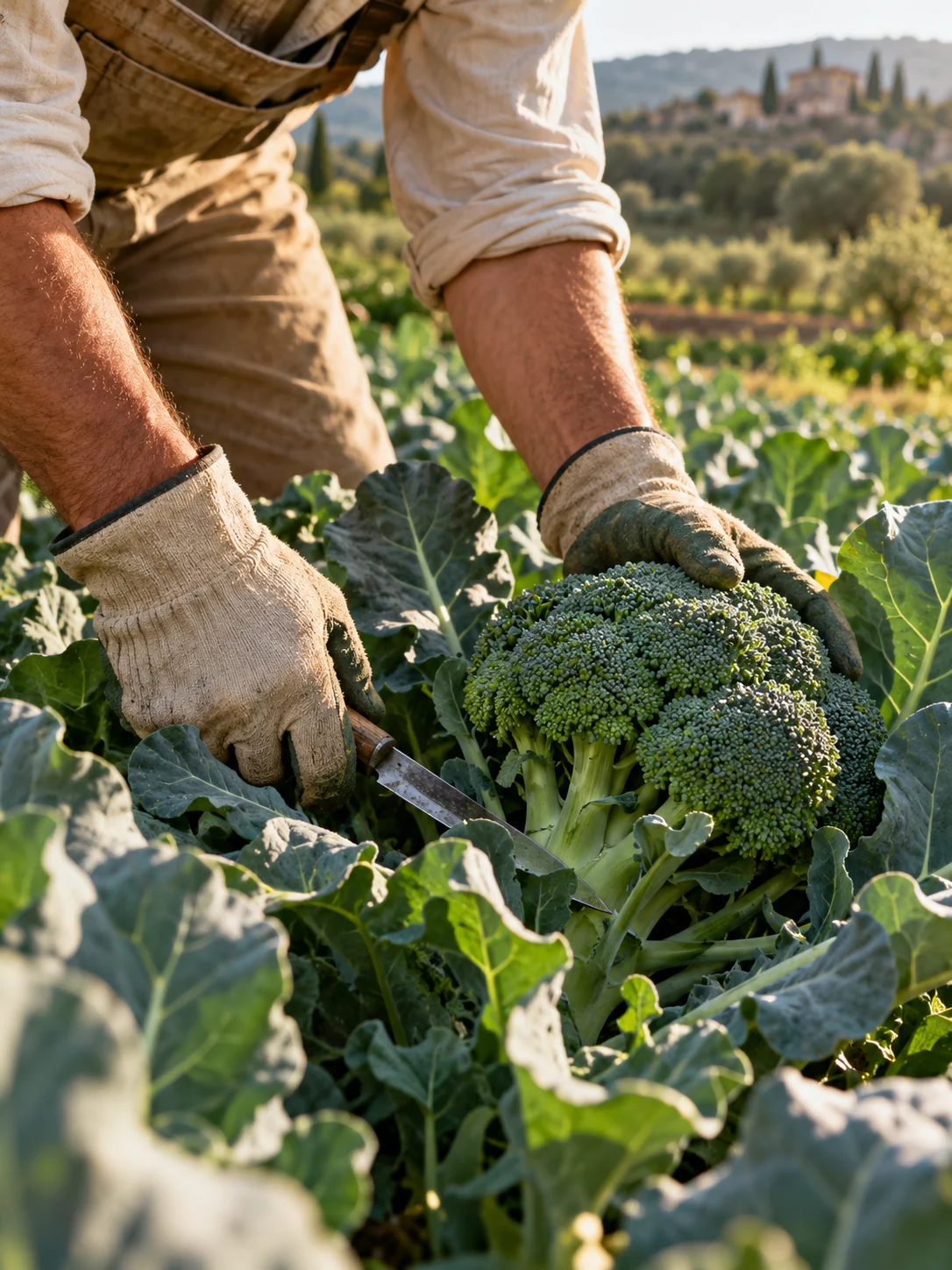 Manos recogiendo un brócoli en el campo